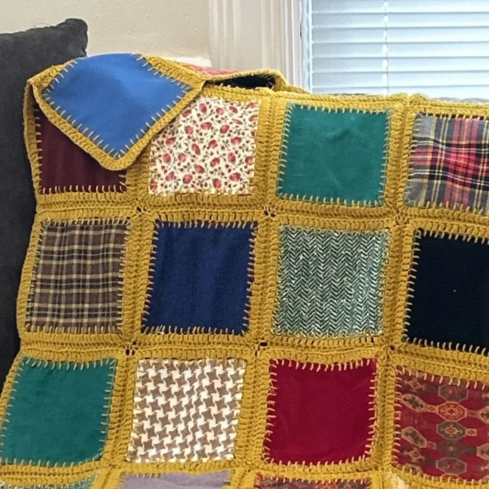 Vintage Handmade‎ Patchwork Crochet Blanket Throw Afghan Multi Color Square Knit